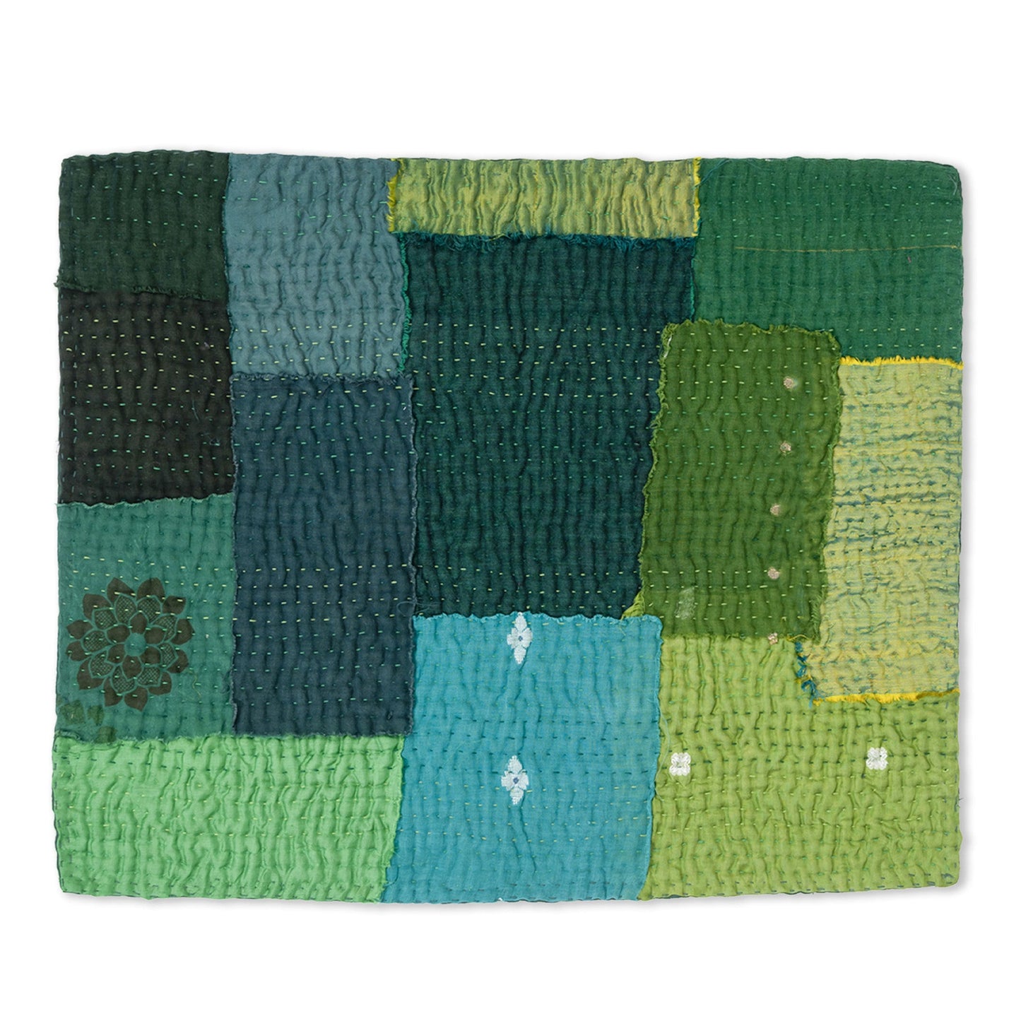 S/2 Landscape Fray Patch Vintage Kantha Placemat - Green