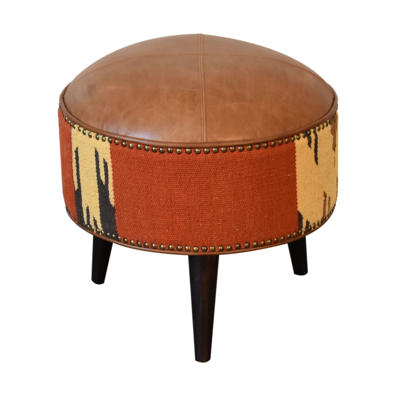 Solid Wood Durrie & Leather Mixed Footstool