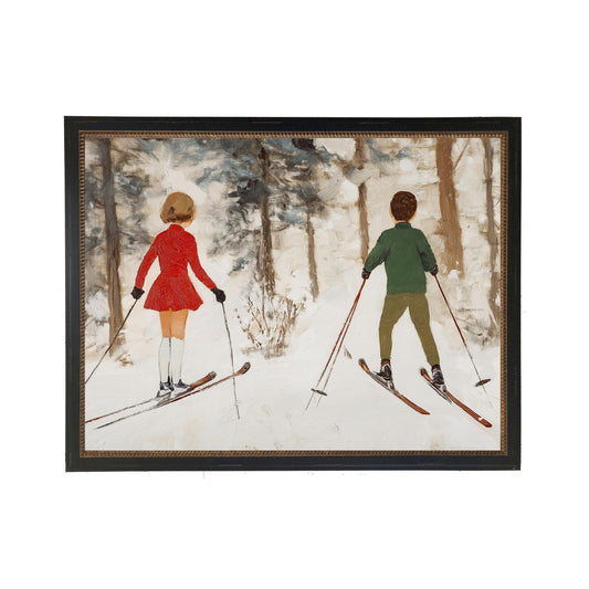 Vintage Oil Painting of Boy and Girl Skiing