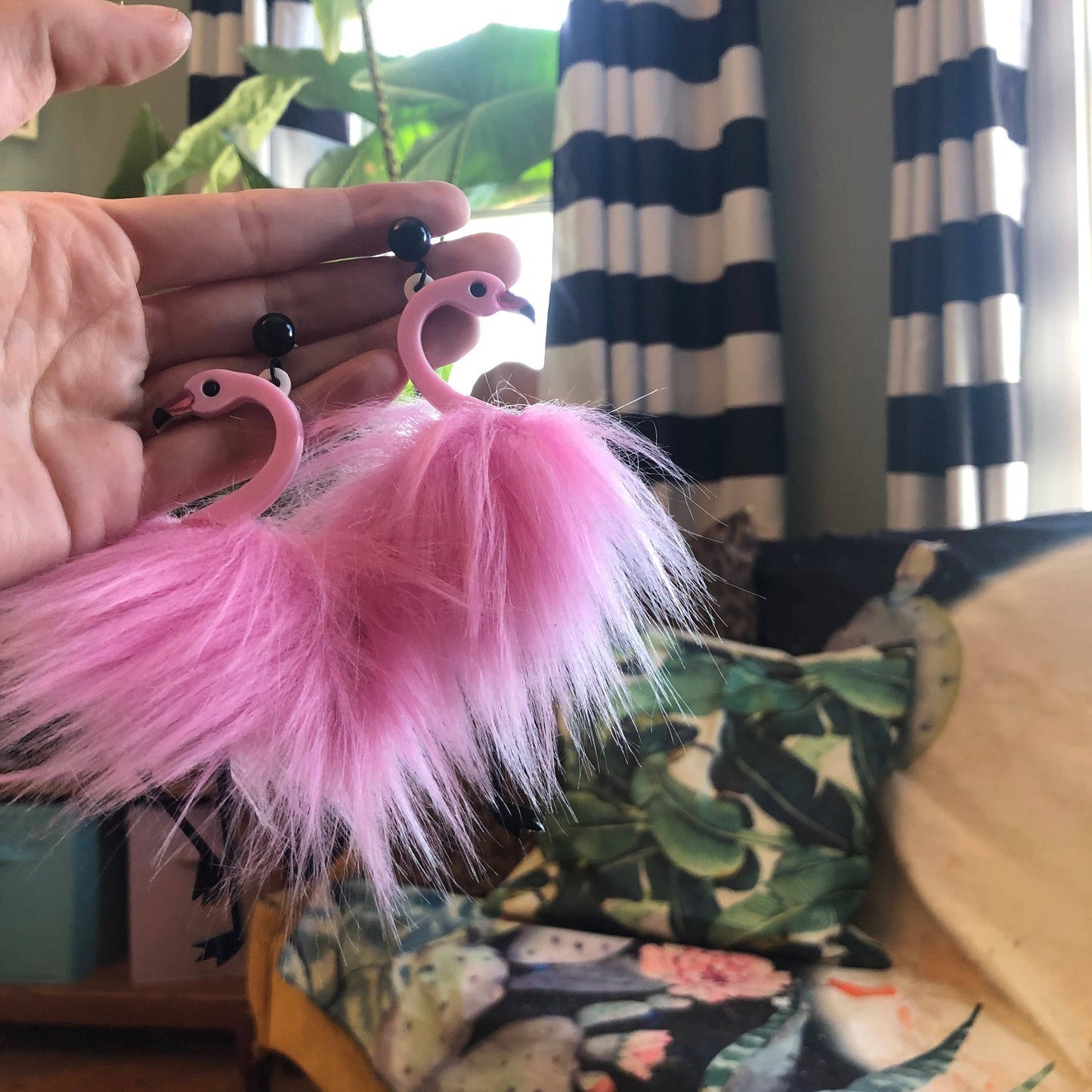 Pom Pom Fluff Pink Flamingo Earrings, Laser Cut Acrylic, Plastic Jewelry