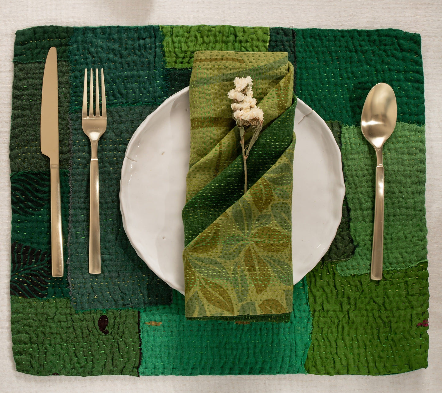 S/2 Landscape Fray Patch Vintage Kantha Placemat - Green