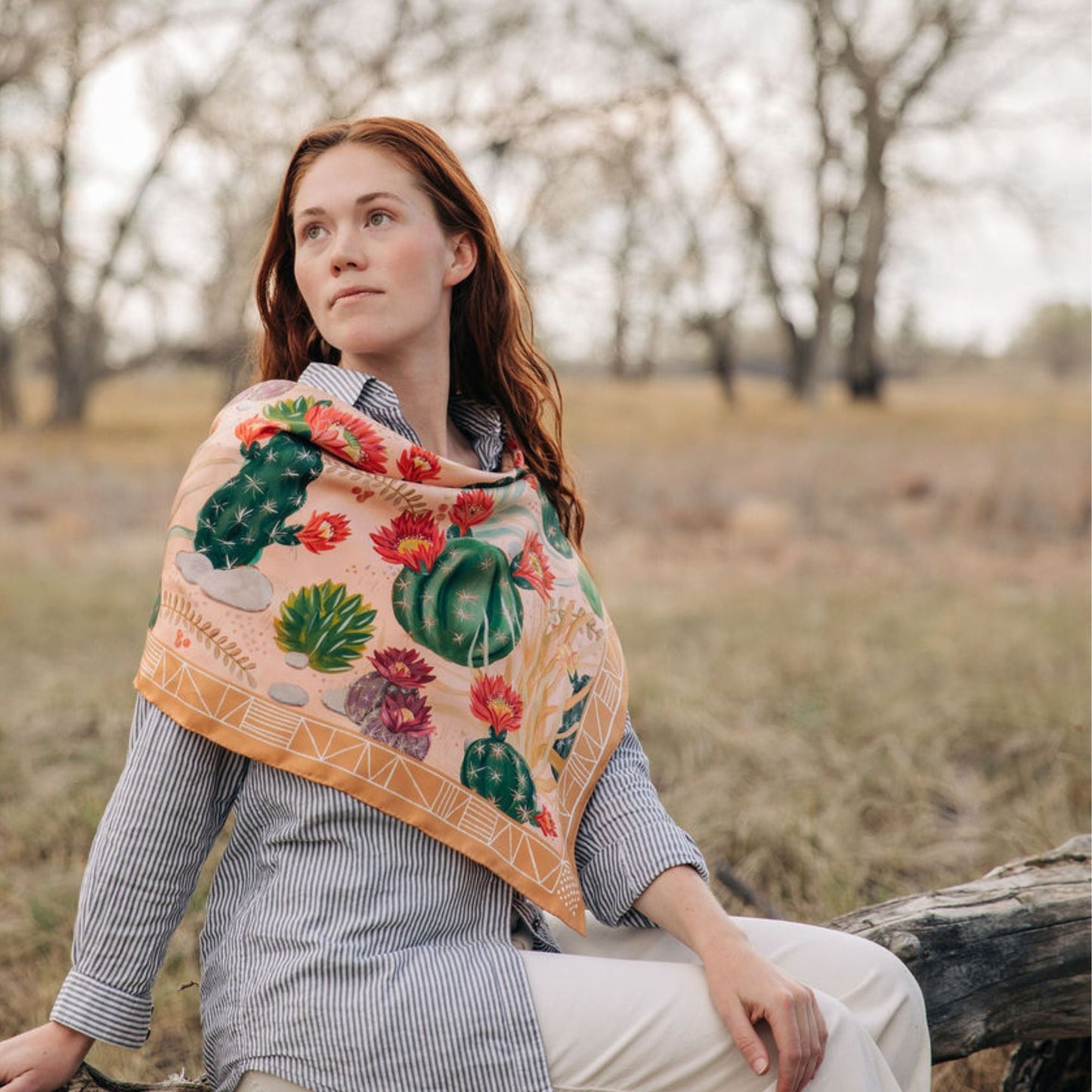100% Silk Scarf: Cactus Garden - Desert Botanical Pattern