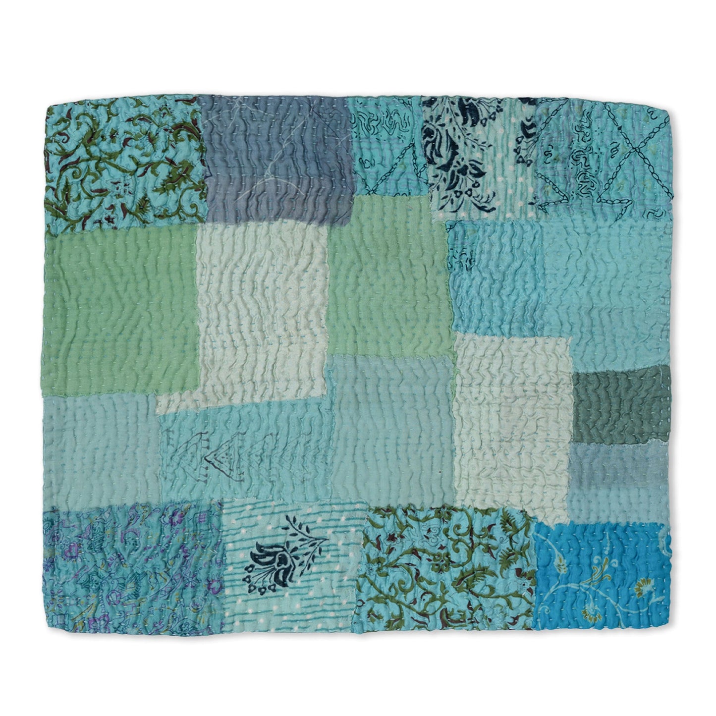 S/2 Printed Fray Vintage Cotton Kantha Placemat - Sage