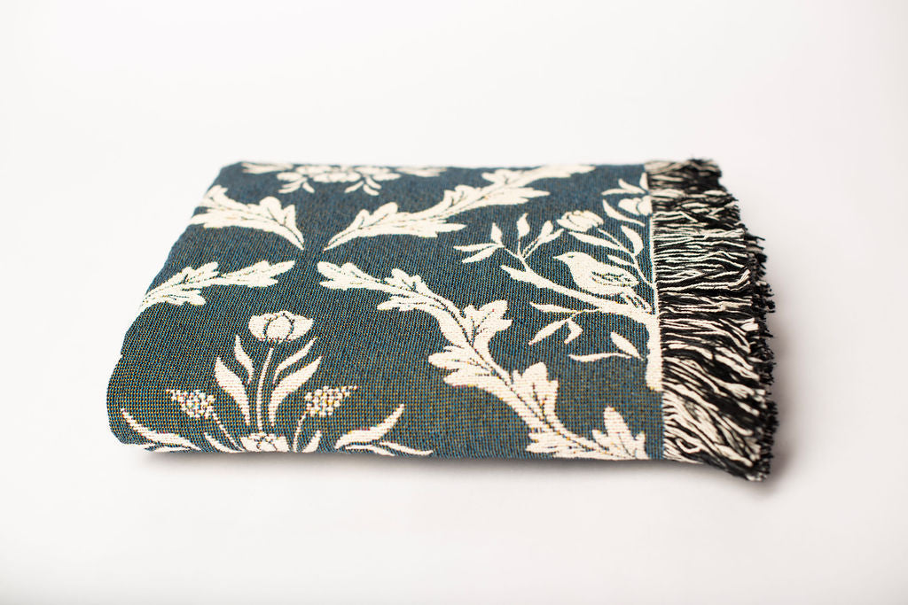 Teal Floral Botanical Jacquard Woven Throw