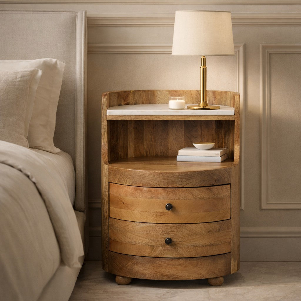 Solid Wood Curved Bedside with Marble Top