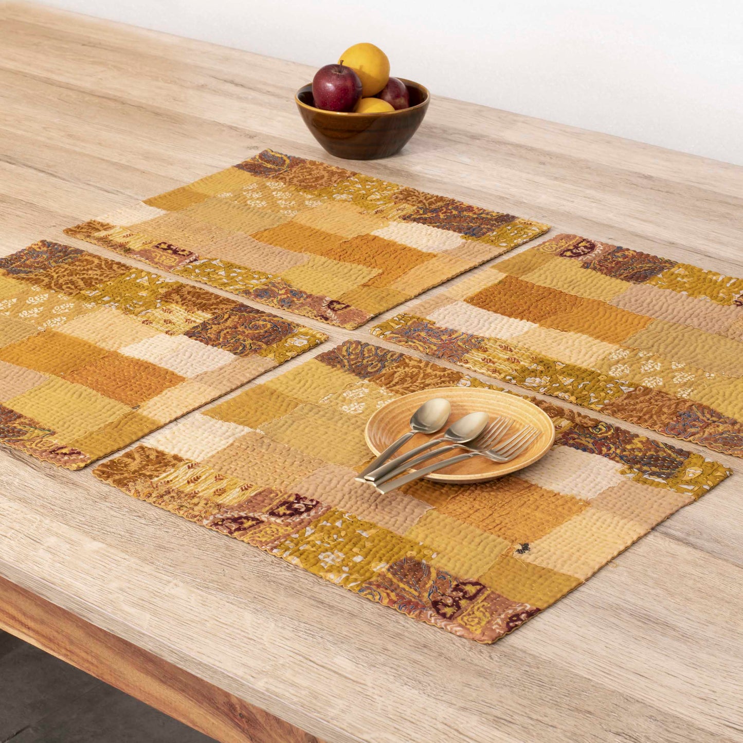 S/2 Printed Fray Vintage Cotton Kantha Placemat - Yellow