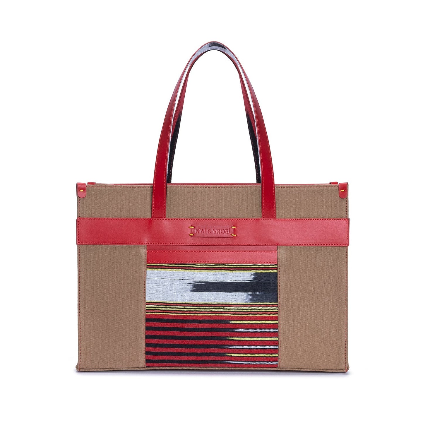 Red Leather & Tobacco Canvas Tote Bag with Pockets