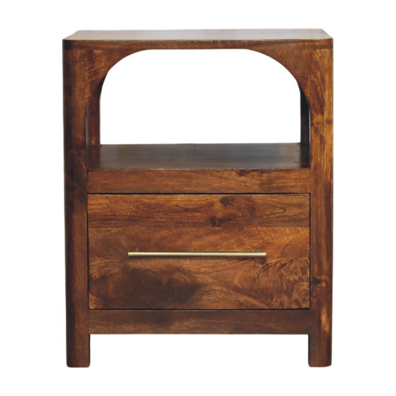 Solid Wood Arc Bedside Table 1 Drawer 1 Open Shelf Brown