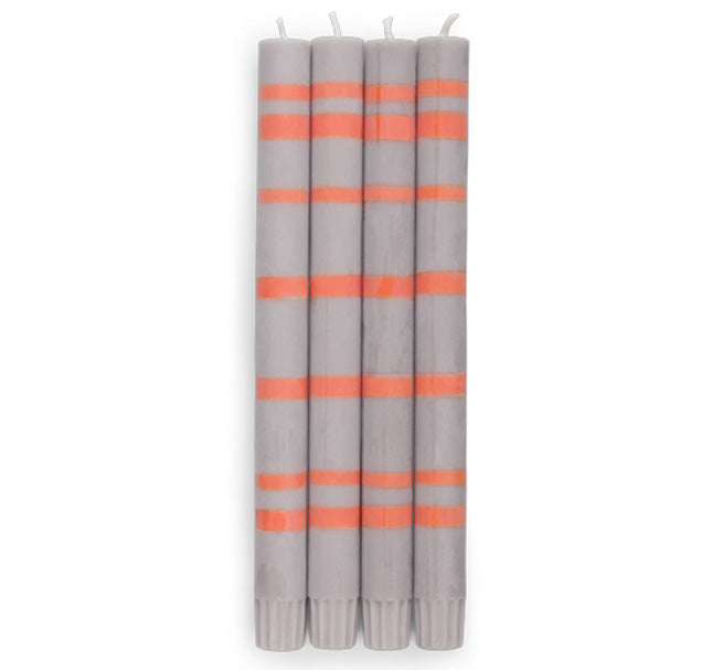 Striped Dinner Candles in Willow Grey and Orange Flame