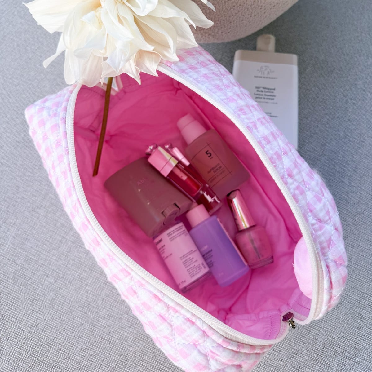 Gingham Pink Make-up Pouch - Large