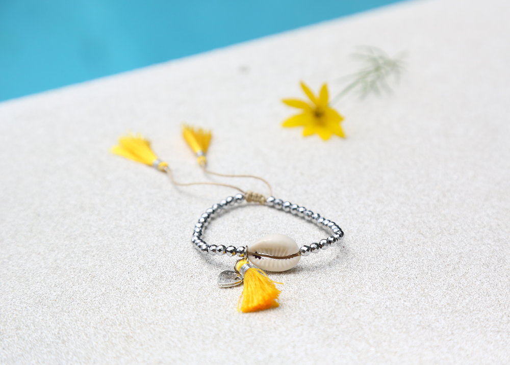 Beaded Shell Tassel Bracelet Yellow