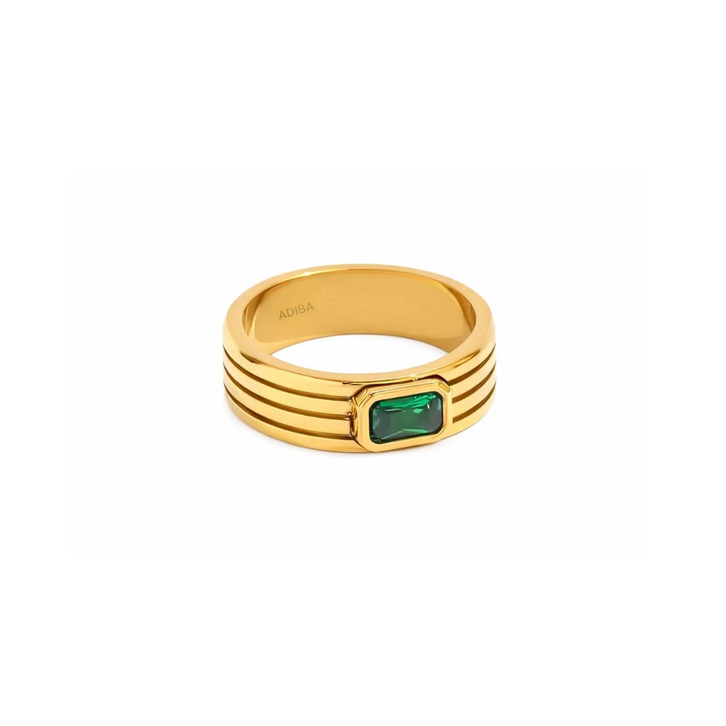 Green Glass Stone 18k Gold Plated Stainless Steel Ring
