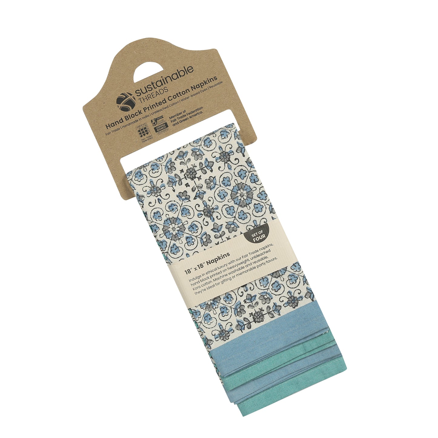 Hand Block Printed Cotton Napkins, Set of 4 | 18″ × 18″ | Fair Trade | Ivy