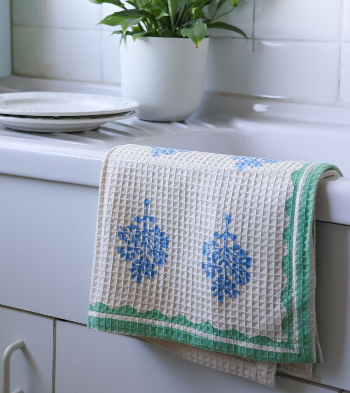 Sara - Cotton Waffle Kitchen Towel - Pastel Green & Blue