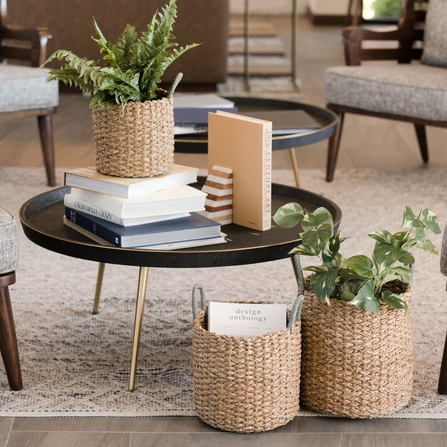 S/3 Seagrass Woven Baskets with Sky Blue Handle