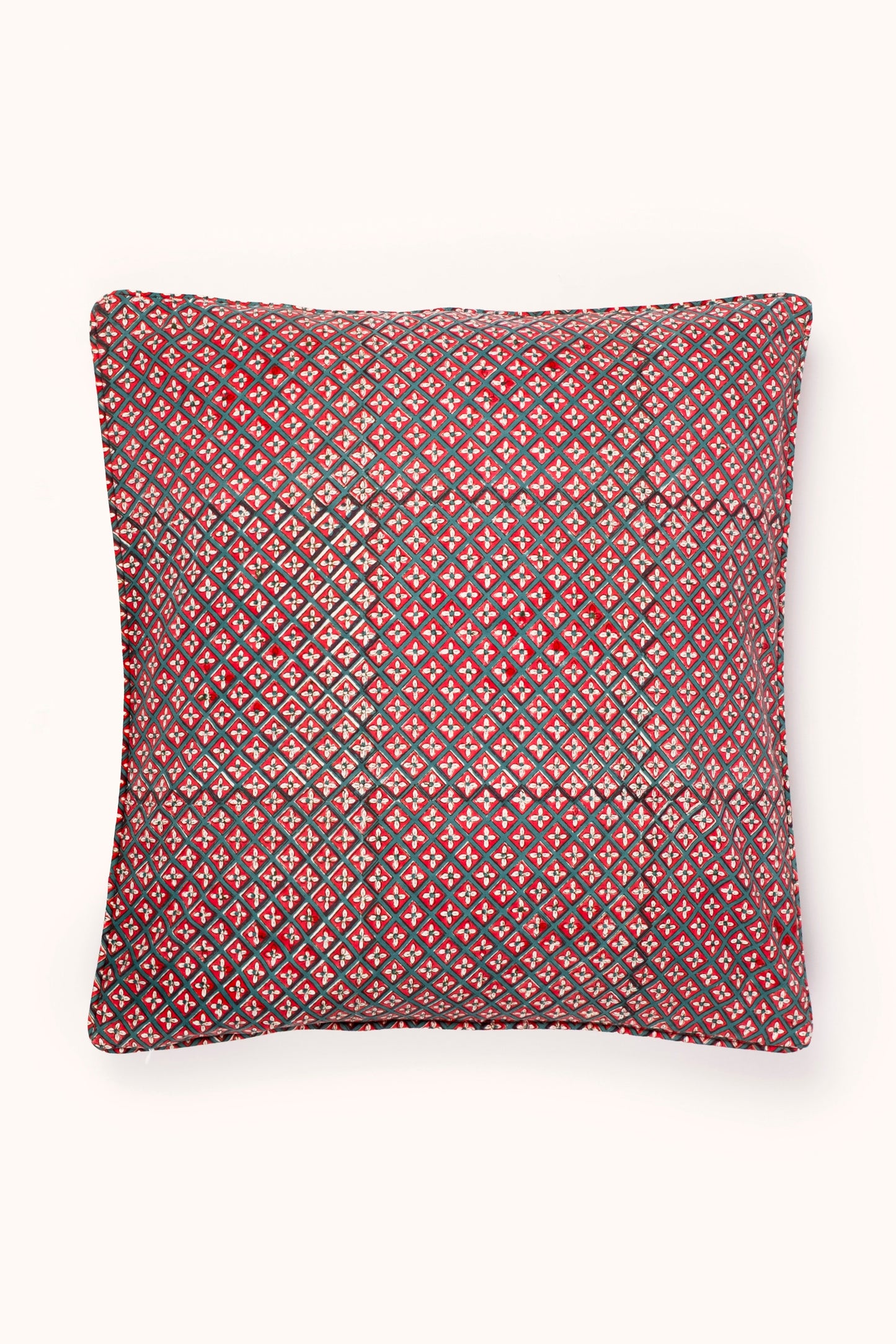 Holly & Berry Holiday Crimson Piped Blockprint Pillow Cover
