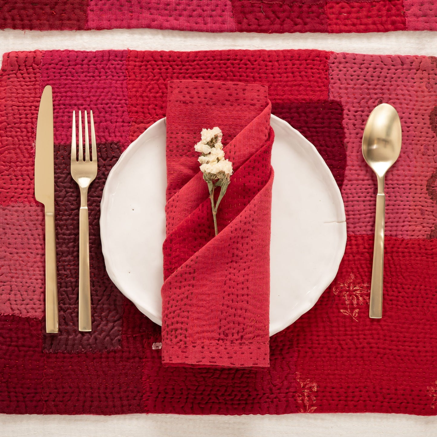 S/2 Landscape Fray Patch Vintage Kantha Placemat - Red