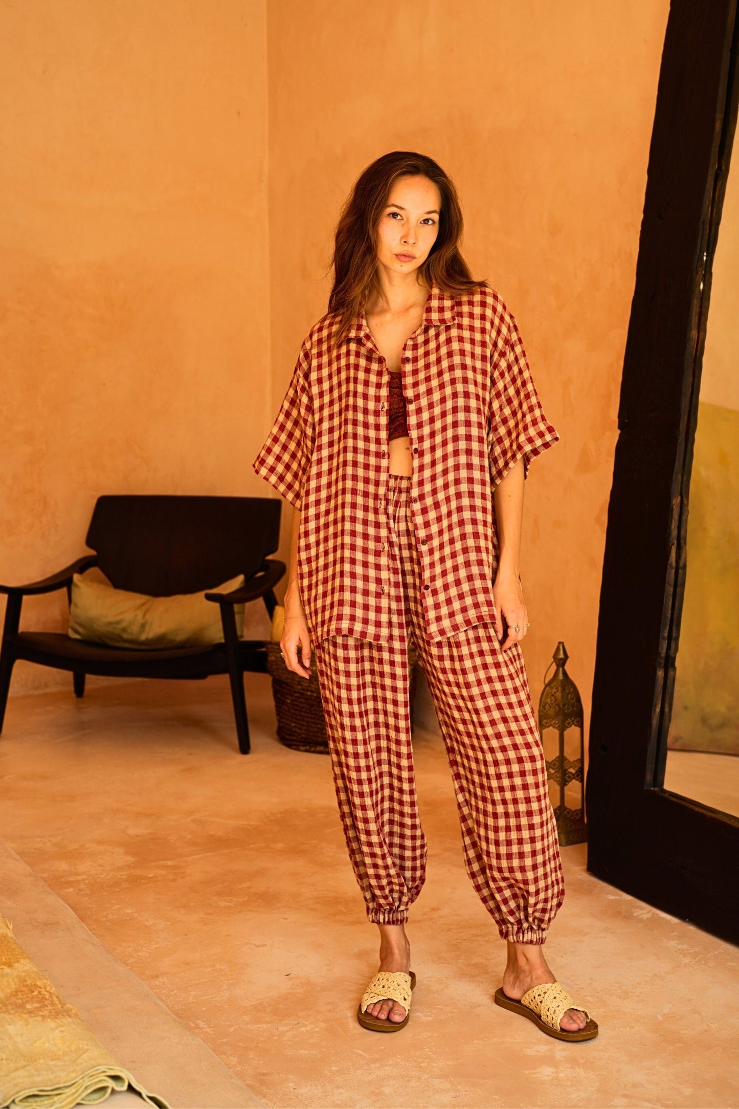 Vanessa Linen Gingham Balloon Pants in Red