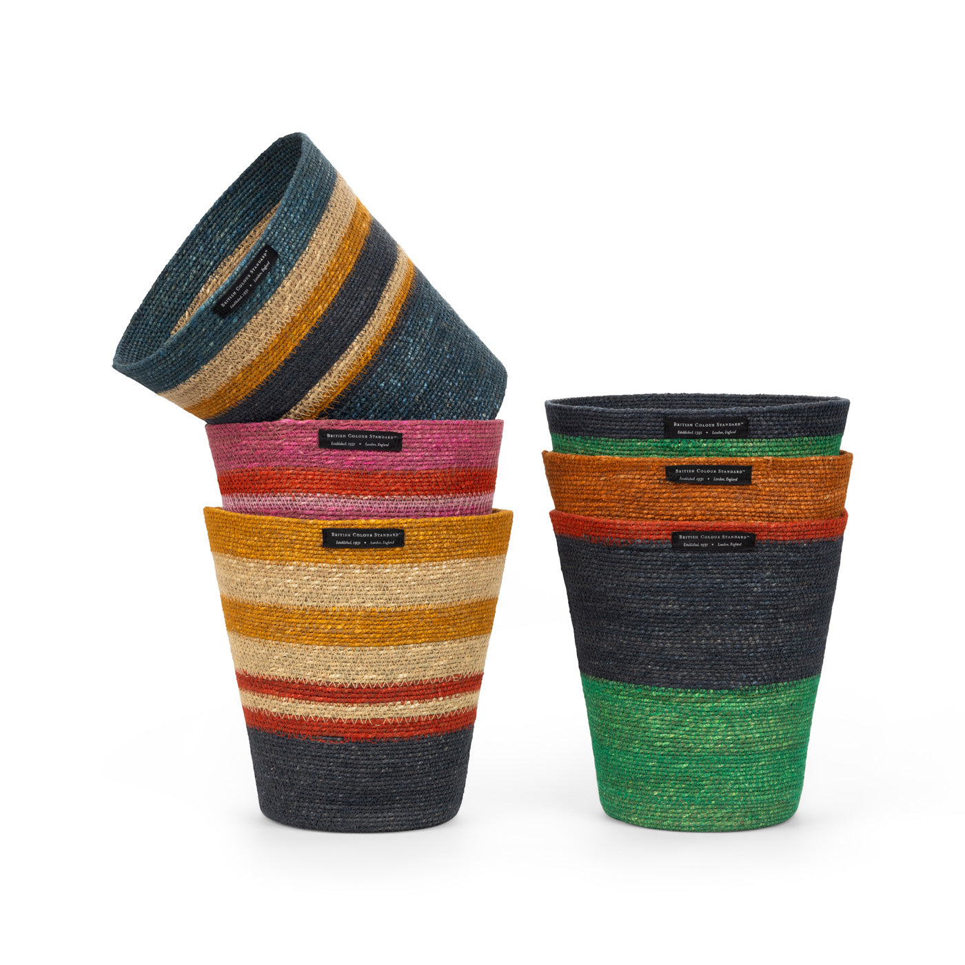 Striped Seagrass Waste Paper Baskets - Mixed Set of 6