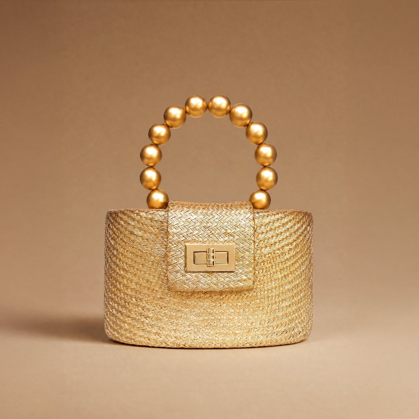 THE OLIVIA — Gold Woven Straw Top-Handle Bag with Beaded Handle