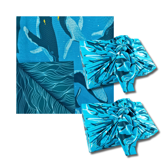 Set of 2 Large Reusable Cloth Furoshiki Gift Wrap | Whales & Waves
