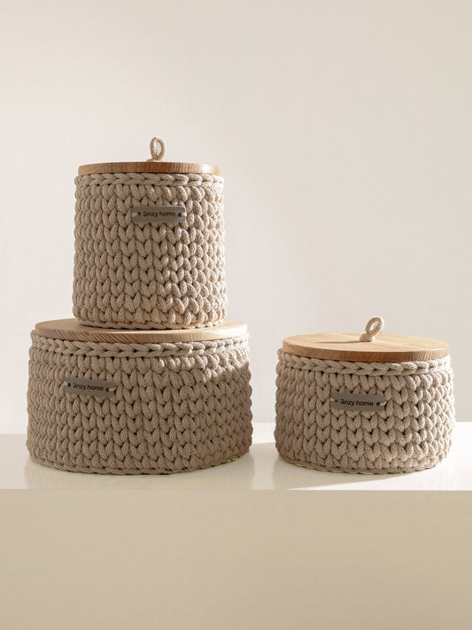 Round Storage Baskets w/ Wooden Lid
