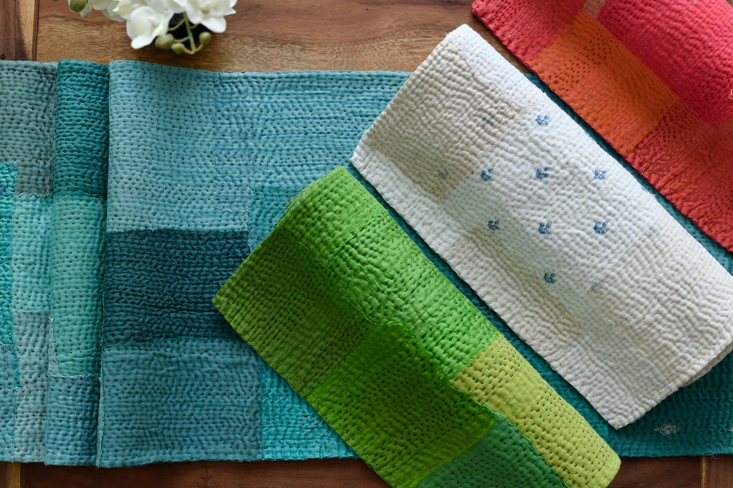 Mosaic Fray Patch  Kantha Table Runner - Cauliflower