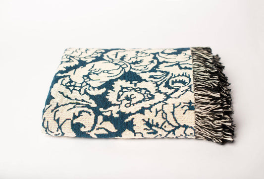 Blue Damask Floral Jacquard Woven Throw