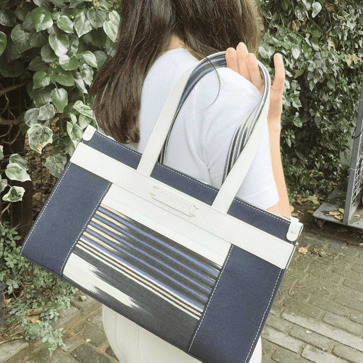 Midi Navy Leather & Canvas Tote Bag with Pockets