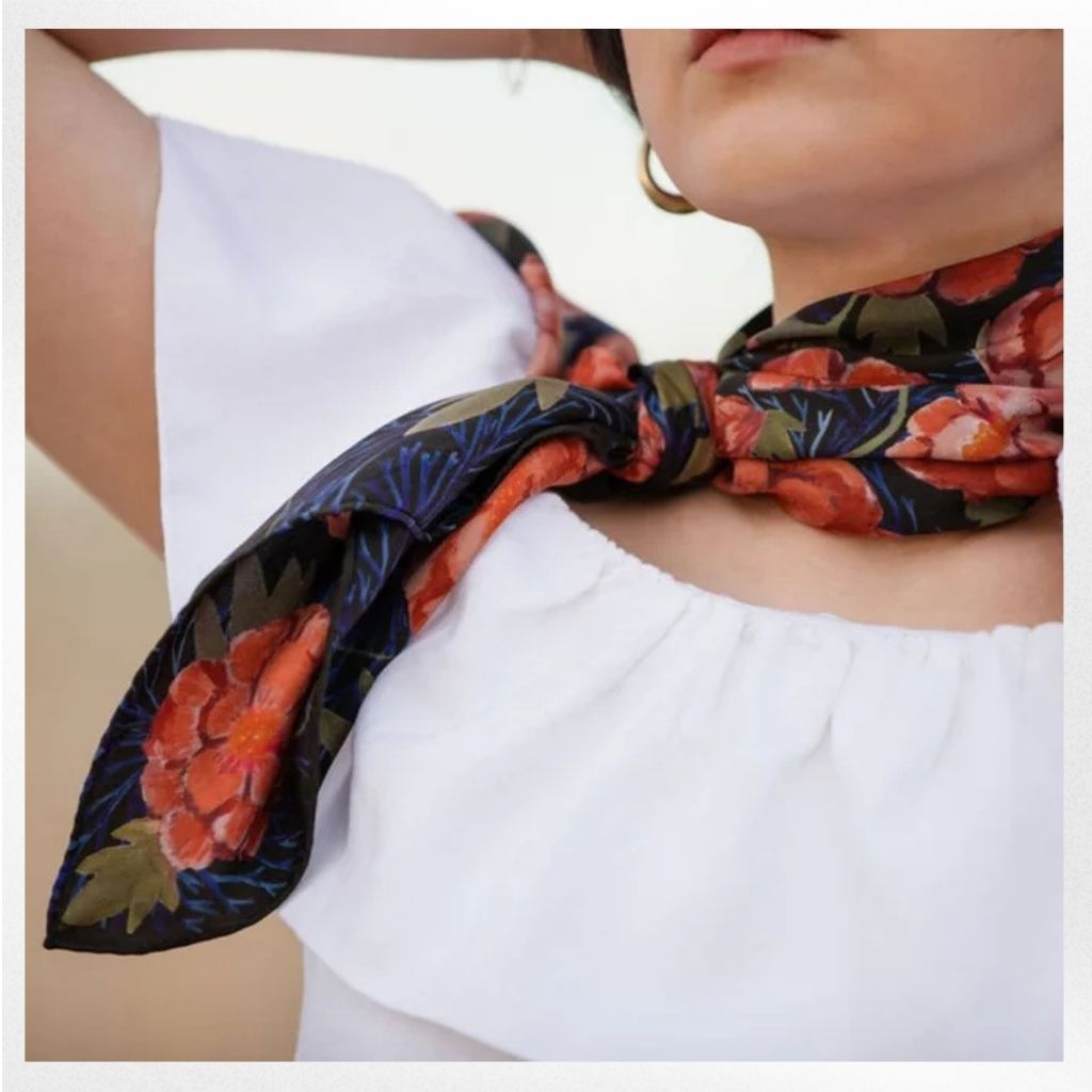 100% Silk Scarf: Guadalupe - Dark Floral Pattern