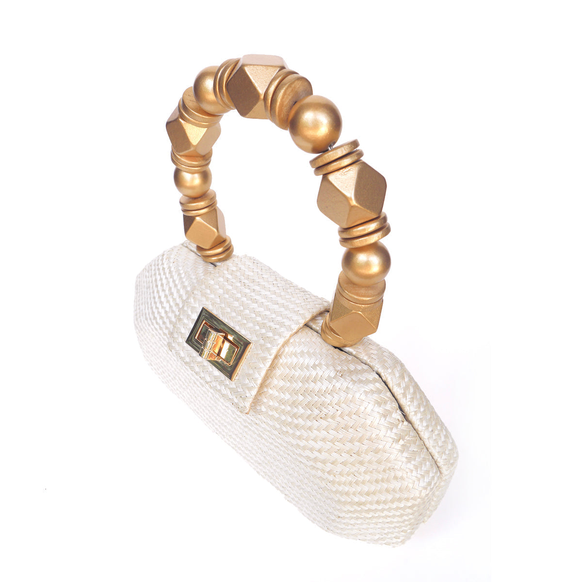 THE MELIA — Cream Woven Straw Clutch with Beaded Top Handle