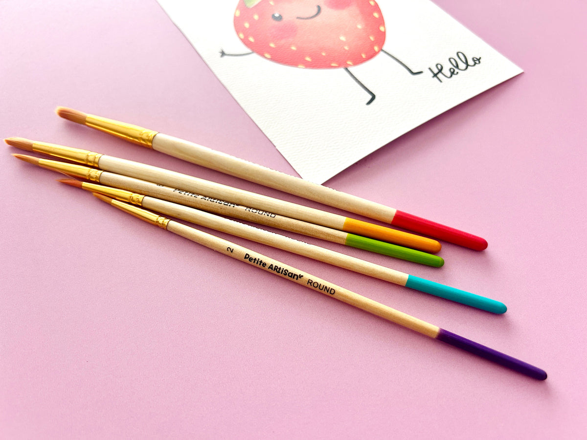 Five wood watercolor brushes sized and built for kid hands