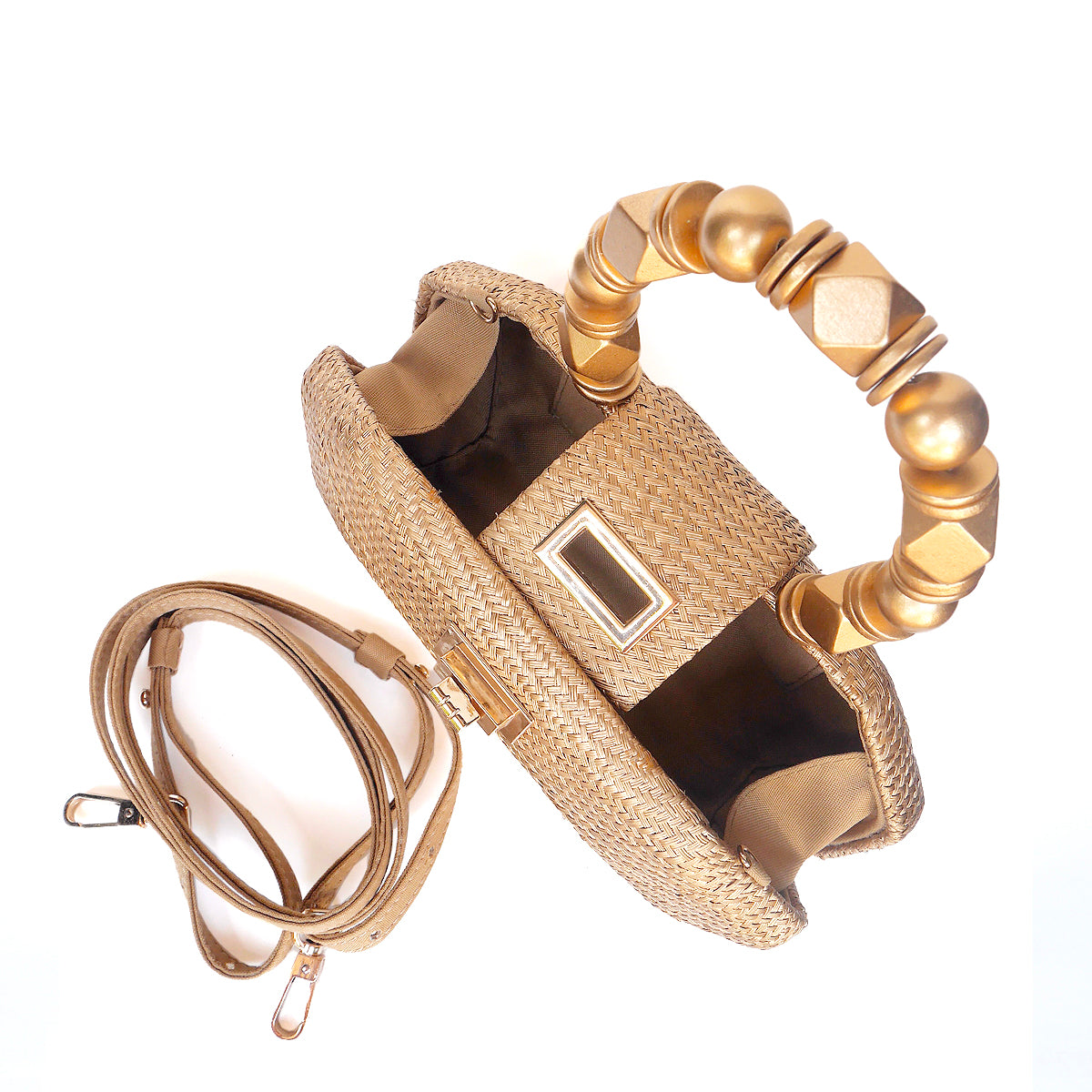 THE MELIA — Gold Woven Straw Clutch with Beaded Top Handle