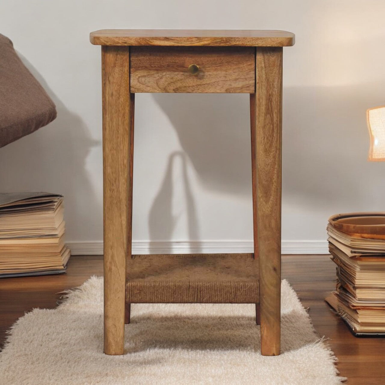 Solid Wood Rope End Table, 1-Drawer, 1 Open-Slot, Light Brown