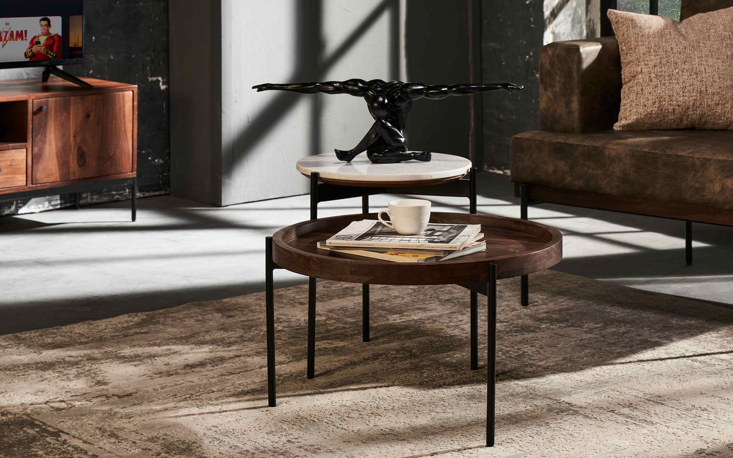 Wood & Marble Top Coffee Table Set of 2