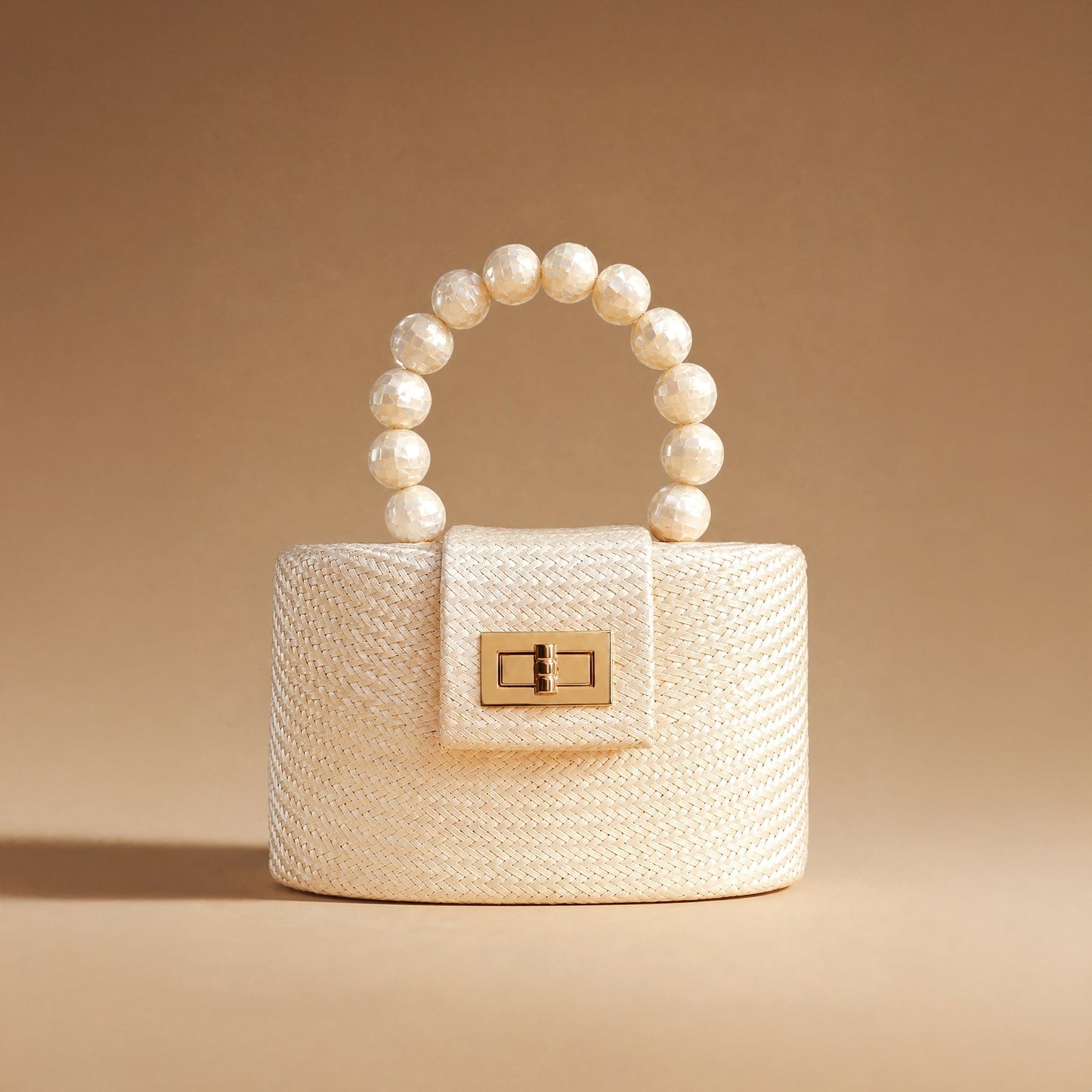 THE OLIVIA — Cream & Pearl Woven Straw Top-Handle Bag with Pearl Handle