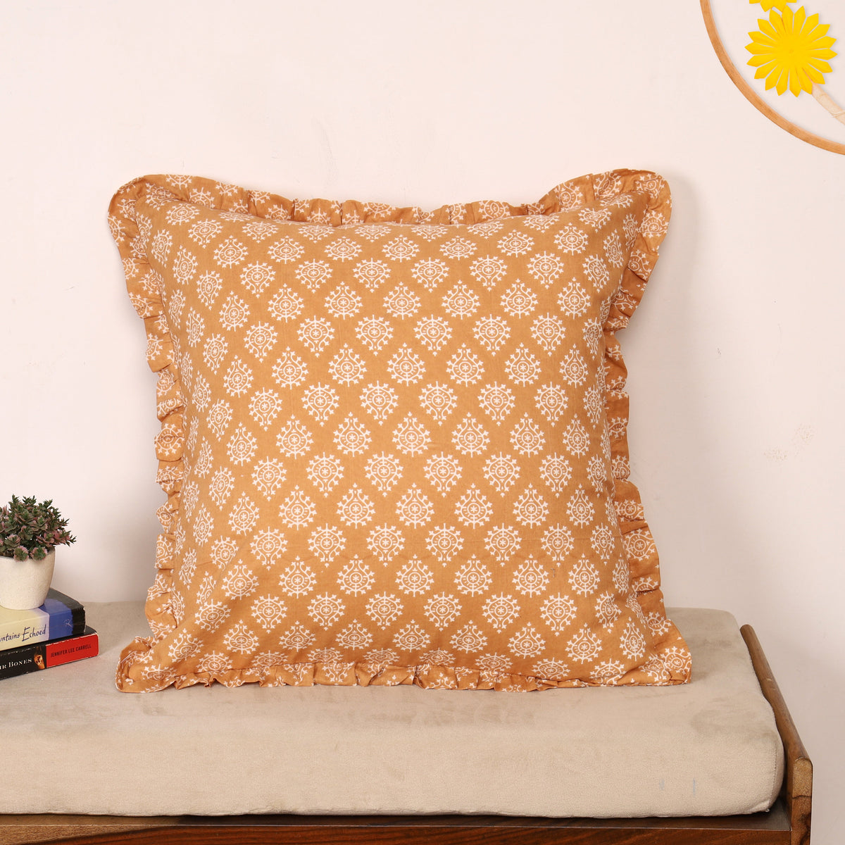 Block-Printed Pillow Cover | 20x20 Ruffled Cotton, Hidden Zipper