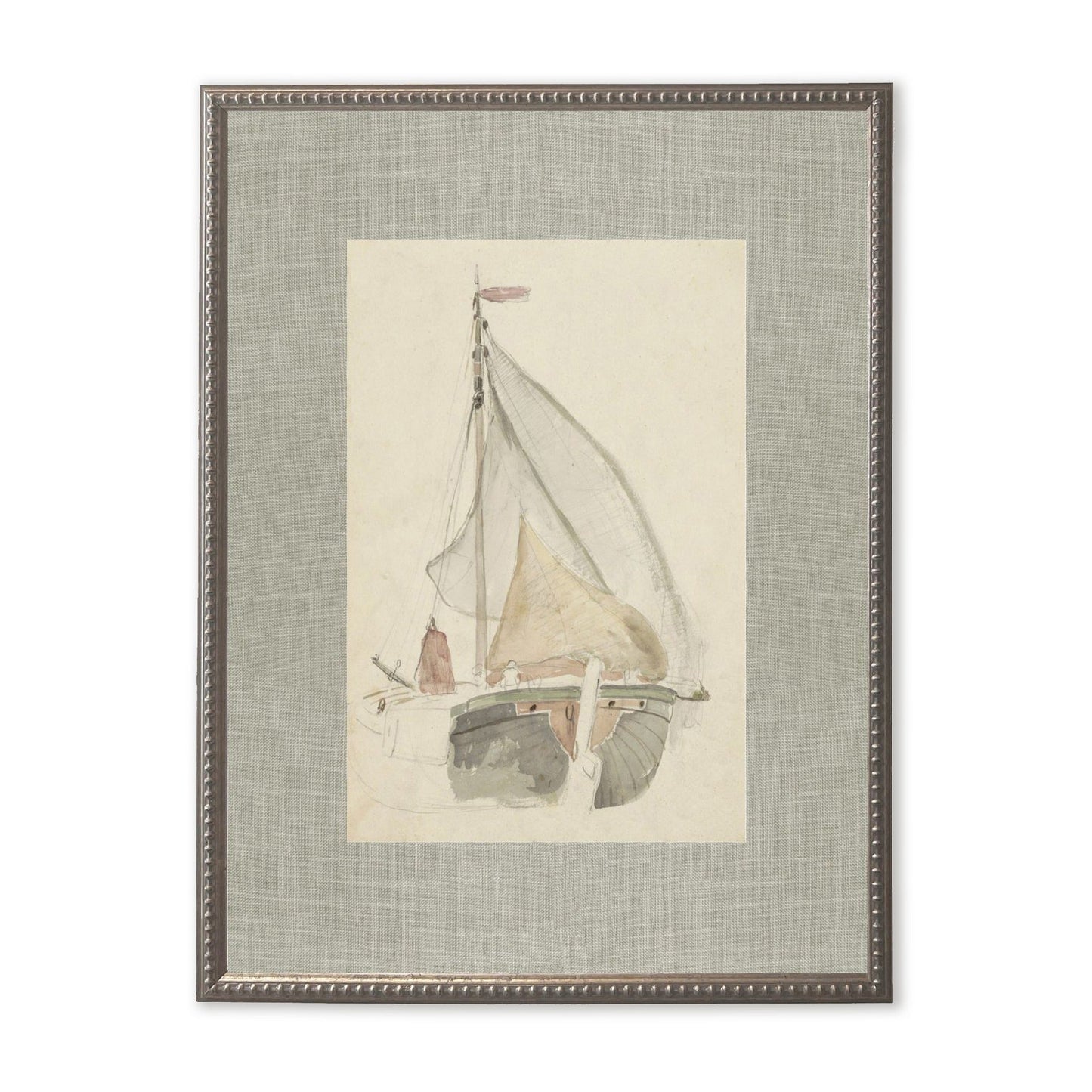 Sailboat Painting Matted in Silver-Beaded Frame