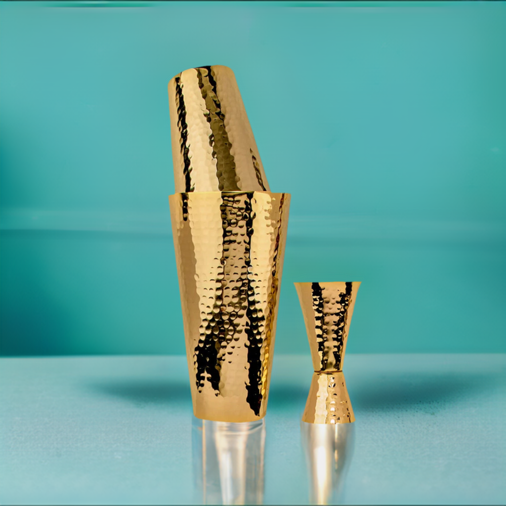 24K Gold Plate Hammered Copper 3 Piece Cocktail Shaker Set