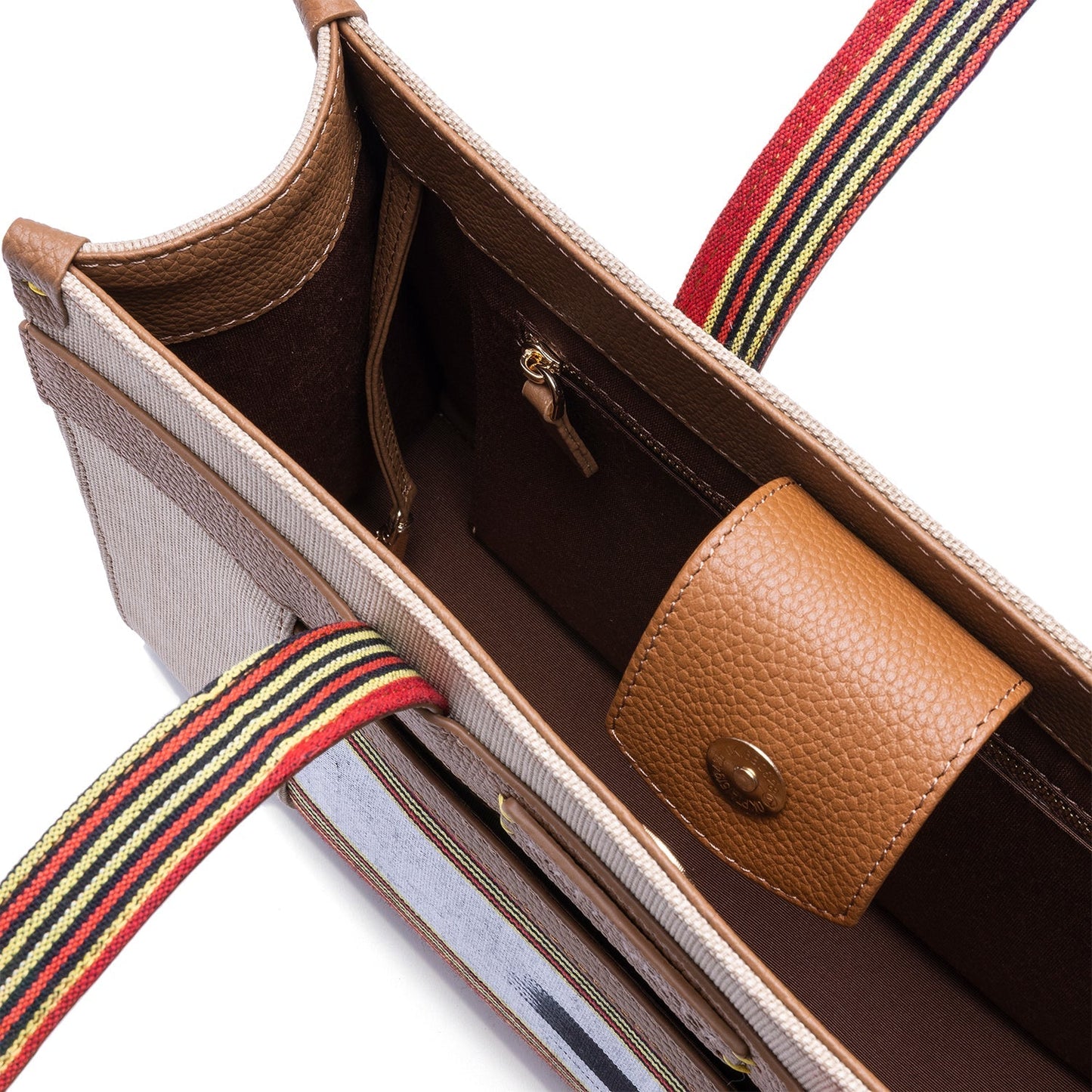 Midi Tobacco Leather & Canvas Tote Bag with Pockets