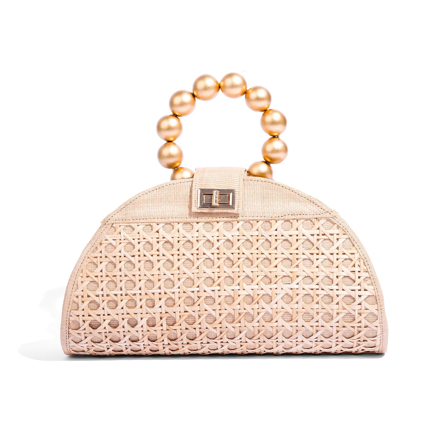 THE ISABELLA Tan Rattan Solihiya Weave and Gold Bead Top Handle Statement Bag