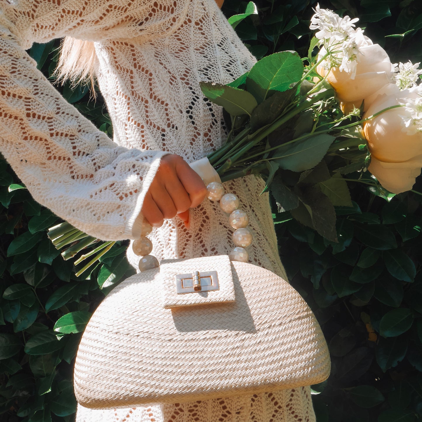 THE ORLA Cream Woven Straw & Shell Pearl Bead Statement Clutch Bag