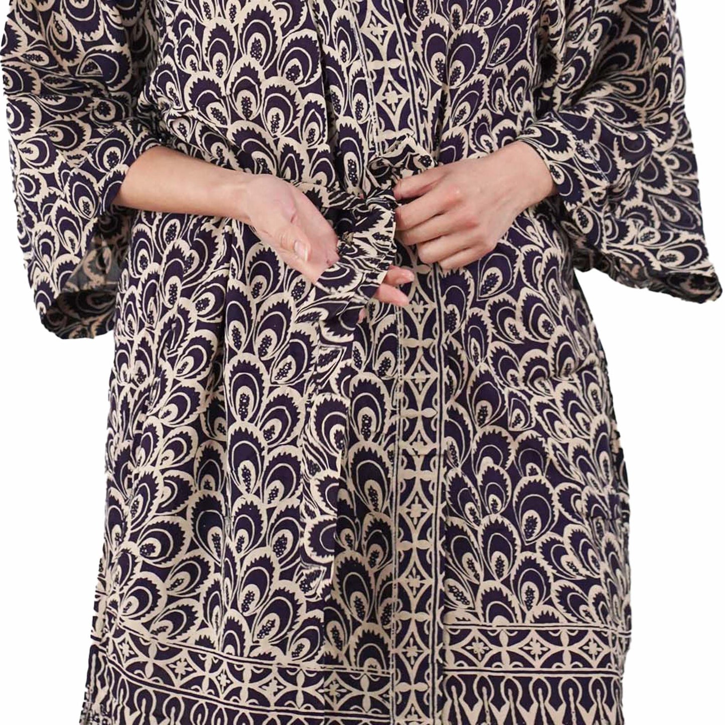 Handmade Batik Robe Kimono, 100% Cotton Soft, Hand Dyed, Black Gray Peacock