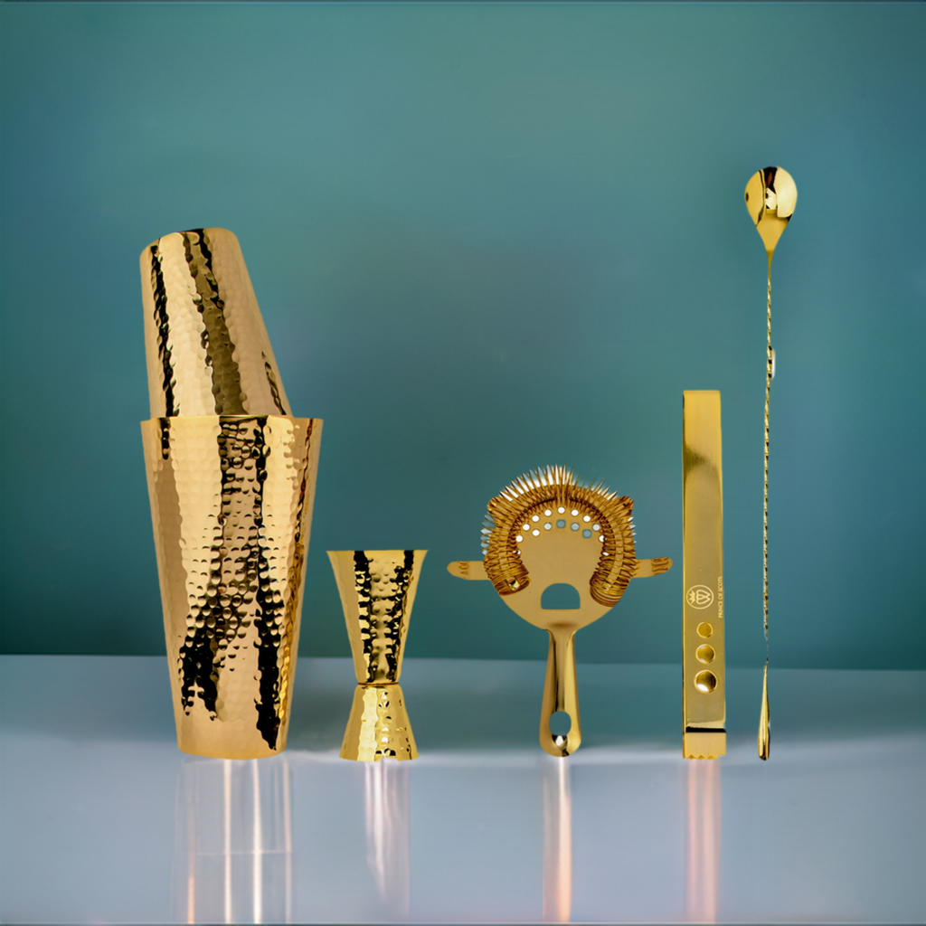 24K Gold Plate Hammered Copper Cocktail Shaker Set