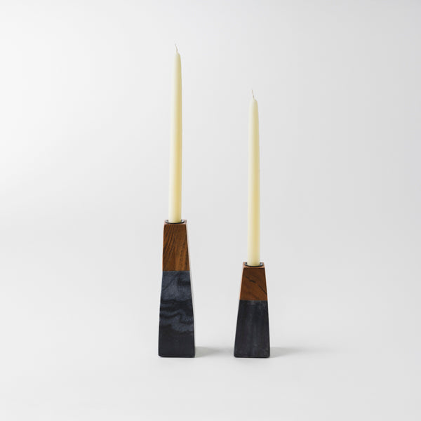 Tapered Black Marble & Acacia Sculptural Candleholders