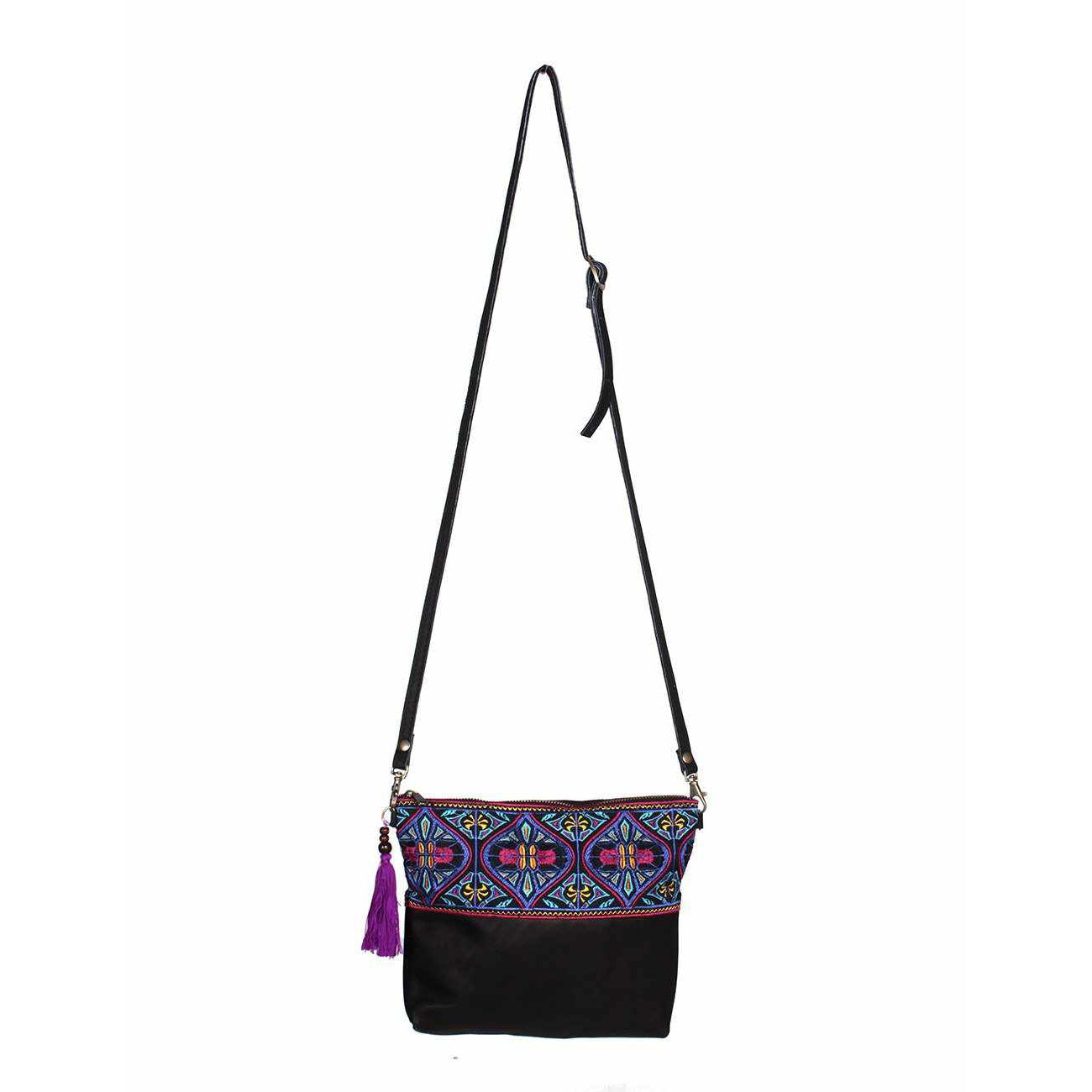 Convertible Embroidered Leather Crossbody / Clutch Bag - Thailand