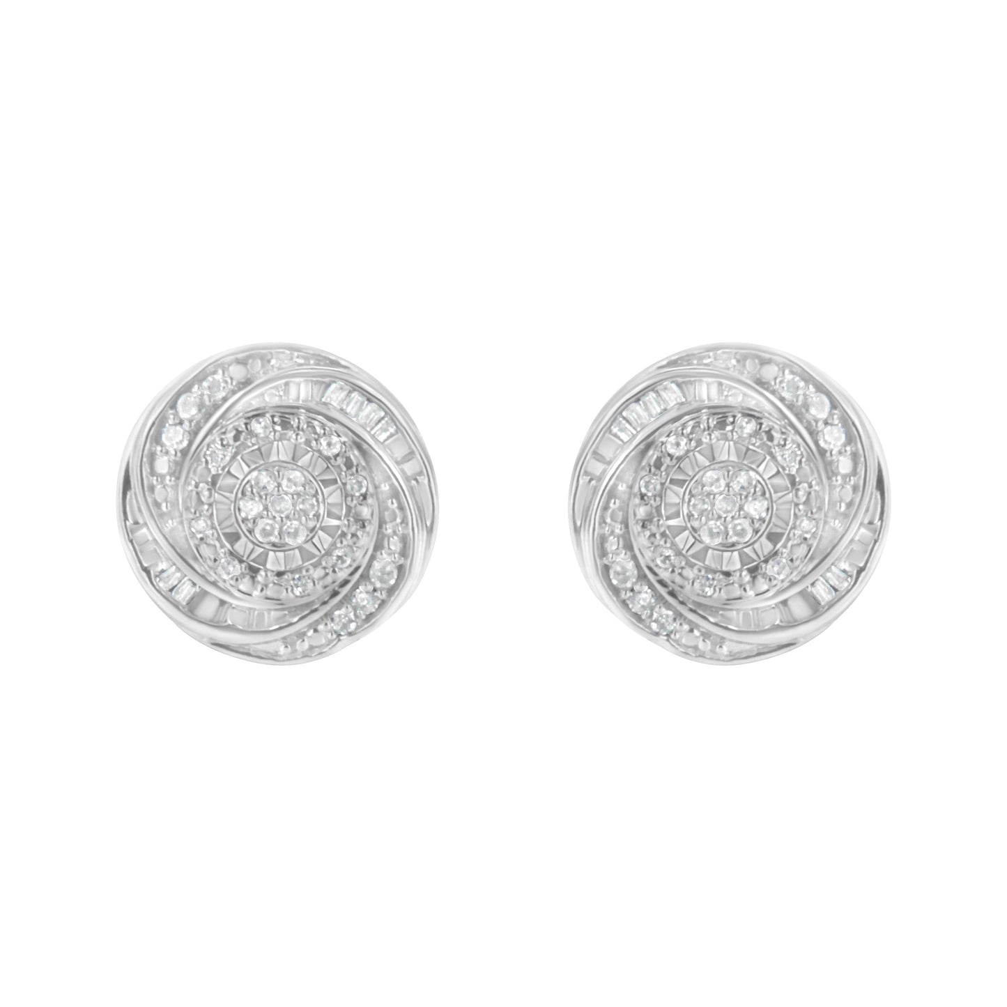 .925 Sterling Silver 1/4 Cttw Baguette and Round Diamond Swirl Love Knot Stud Earrings (I-J Color, I3 Clarity)