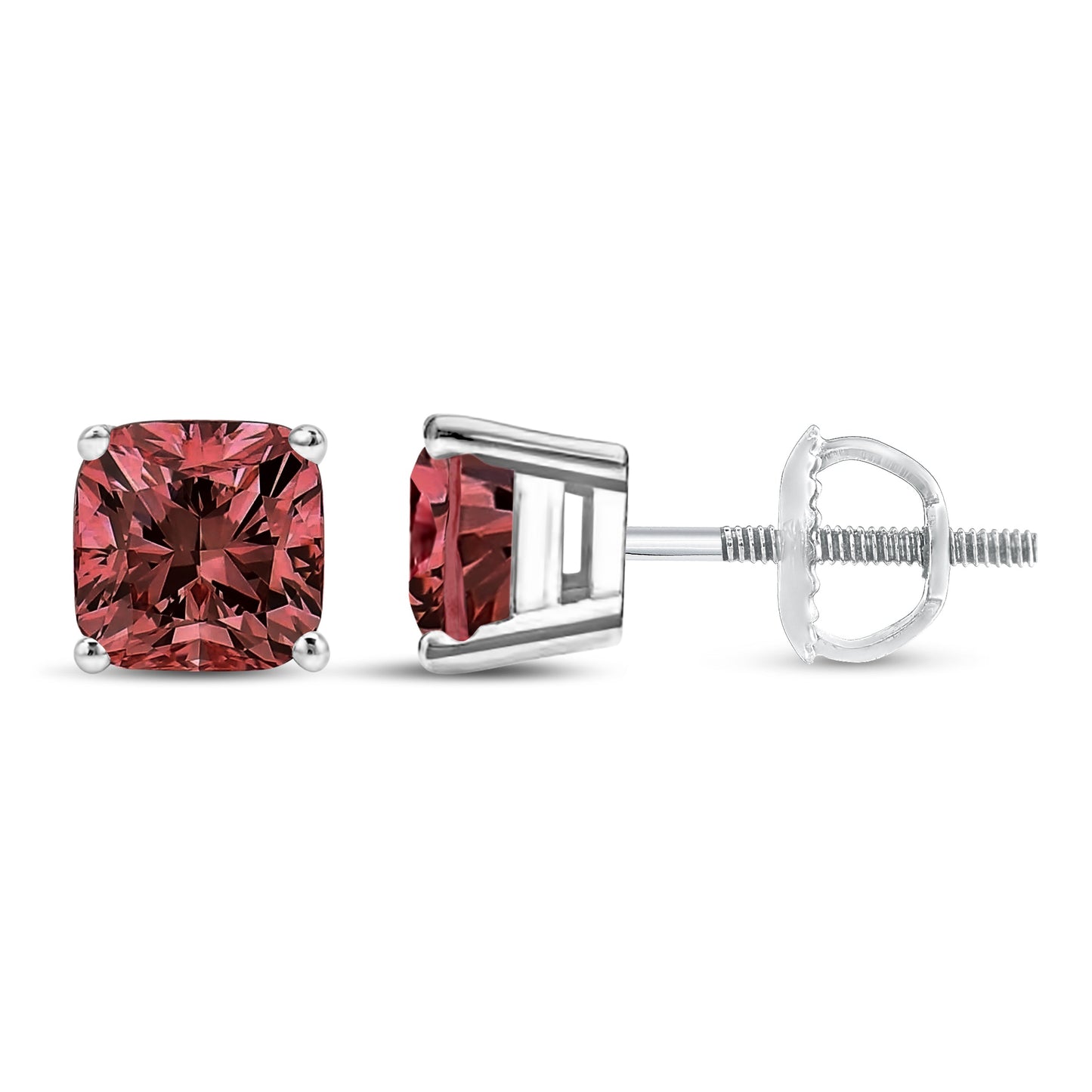 14K White Gold 1 1/2 Cttw Lab Grown Pink Cushion 4-Prong Set Classic Diamond Solitaire Stud Earrings (Pink Color, VS1-VS2 Clarity)