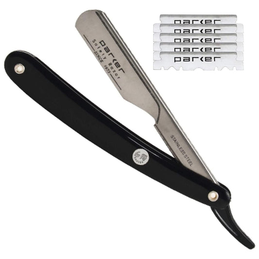 Parker PTB Push Type Black Handle Straight Barber Razor