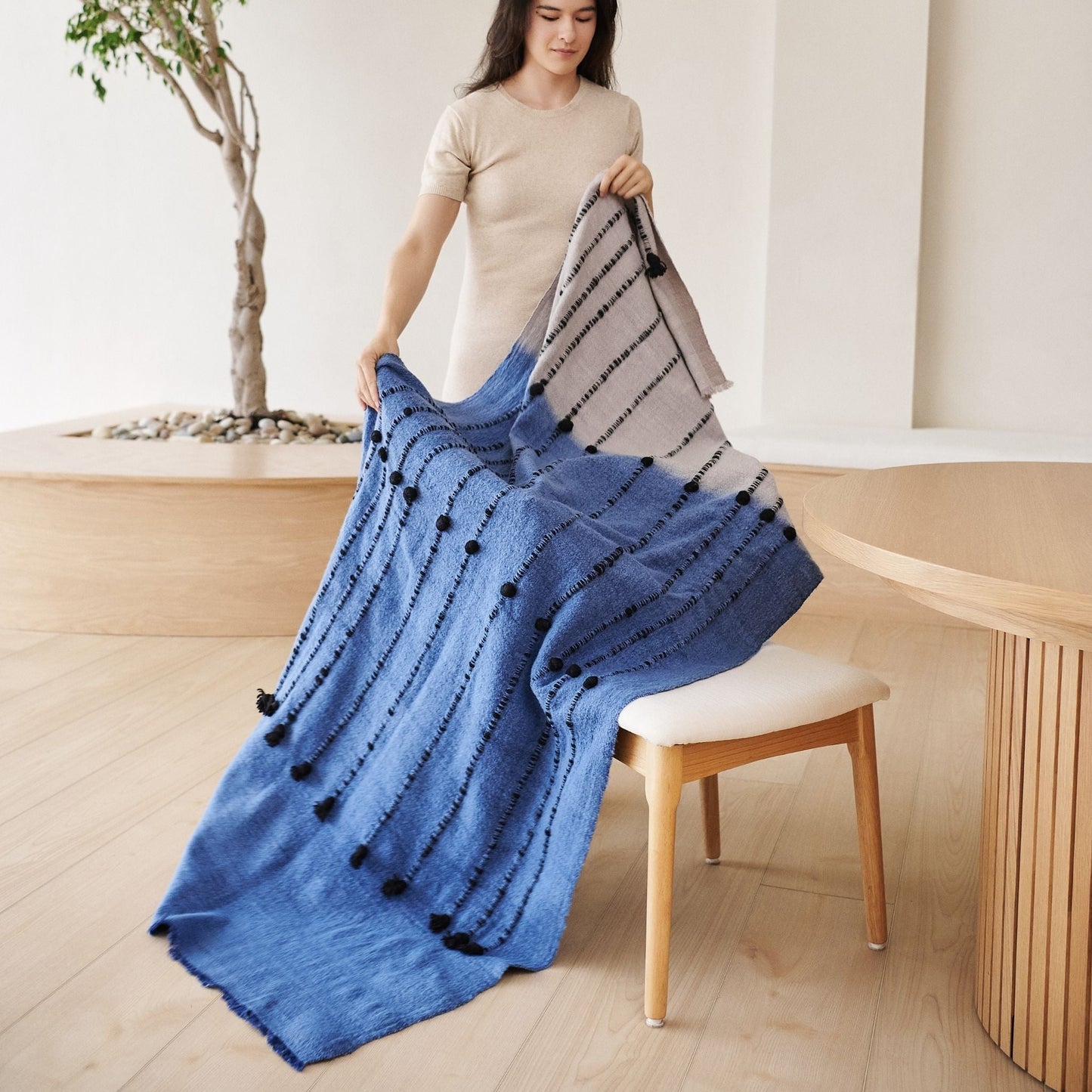 Mari Blue Gray Calming Hues Hand Woven Hand Knotted Textured Merino Throw